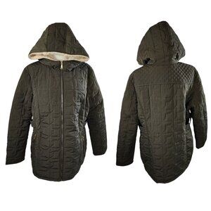 Laundry by Shelli Segal Olive Green Quilted Faux Fur Hooded Coat Size XXL